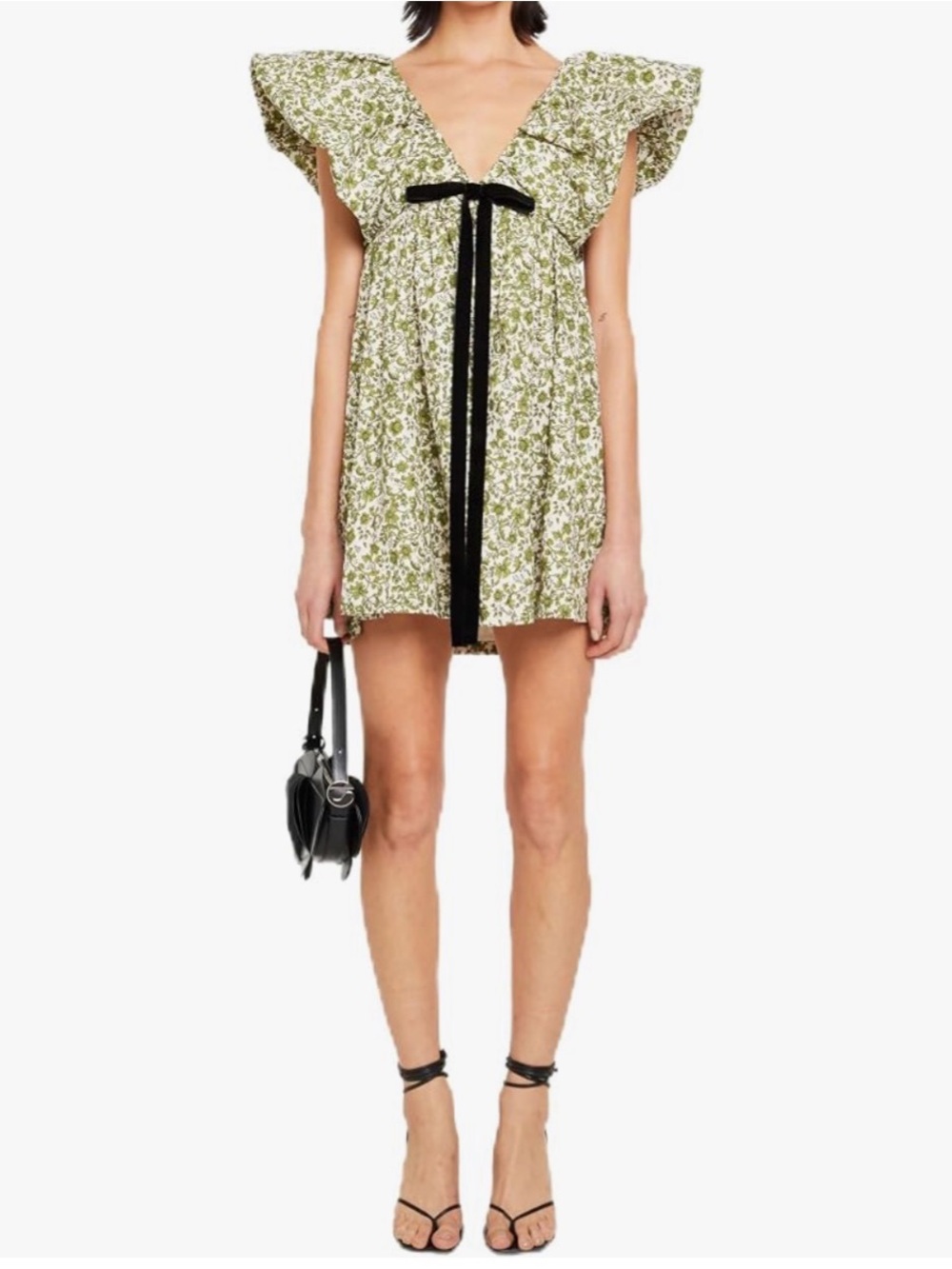 Floral Ruffle Mini Dress with Velvet Tie - Green